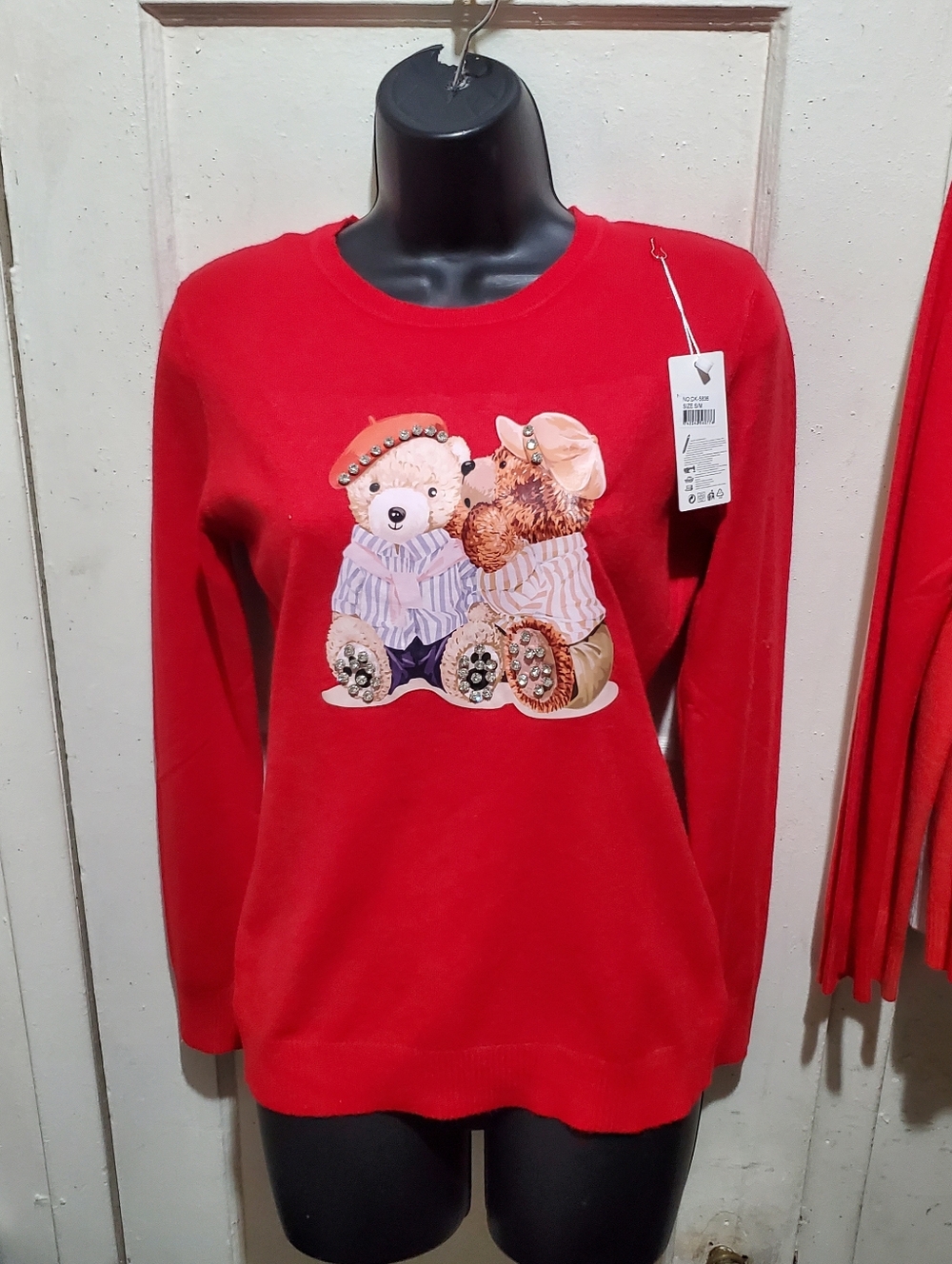 Women's Red Teddy Bear Embellished Crewneck Sweater Size S/M